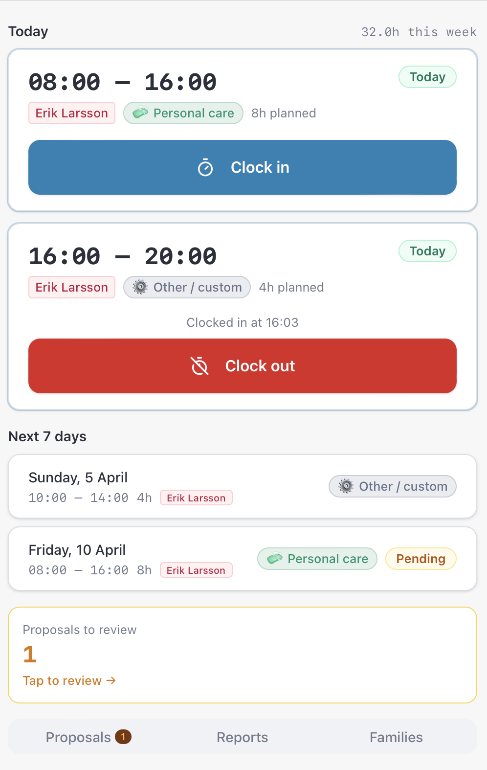 Assistant dashboard showing shifts tagged by family