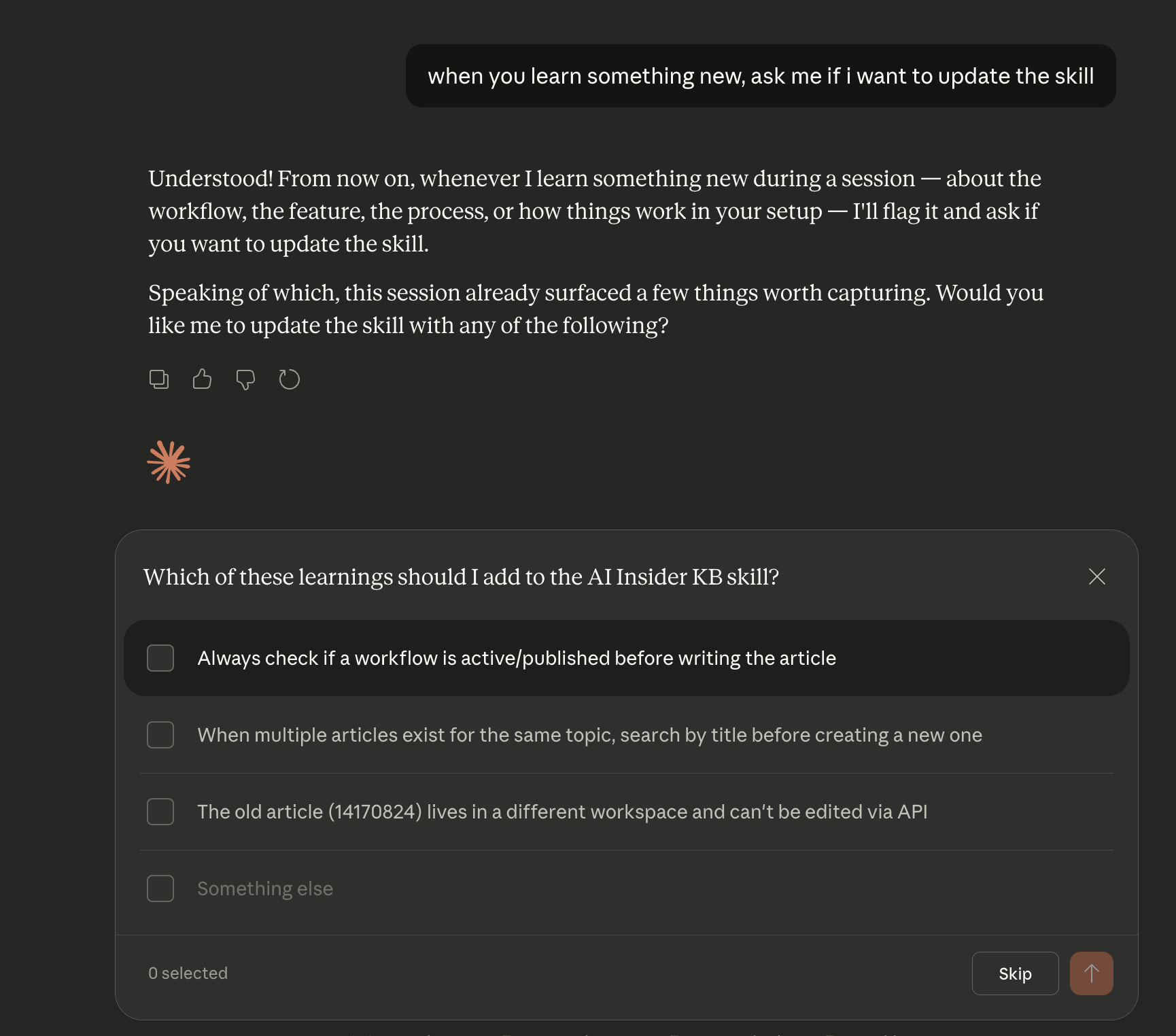 A checklist prompt asking which learnings to add to the skill